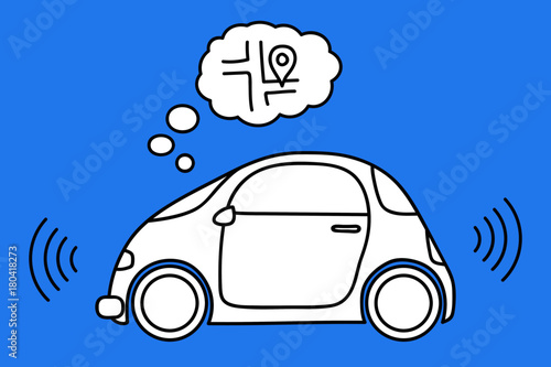 Hand drawn doodle of a self driving, driverless car with sensor and map thought cloud. White filled line art.