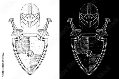 Viking warrior set - shield, swords and helmet. Hand drawn sketch