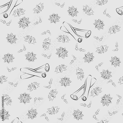 Vector seamless pattern of spices.
Cinnamon sticks, sprigs of cloves, star anise.