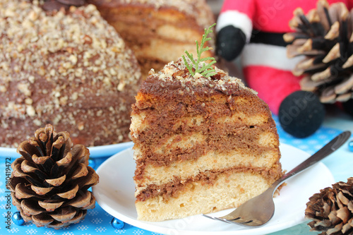 Delicious layered Christmas cake with chocolate caramel cream