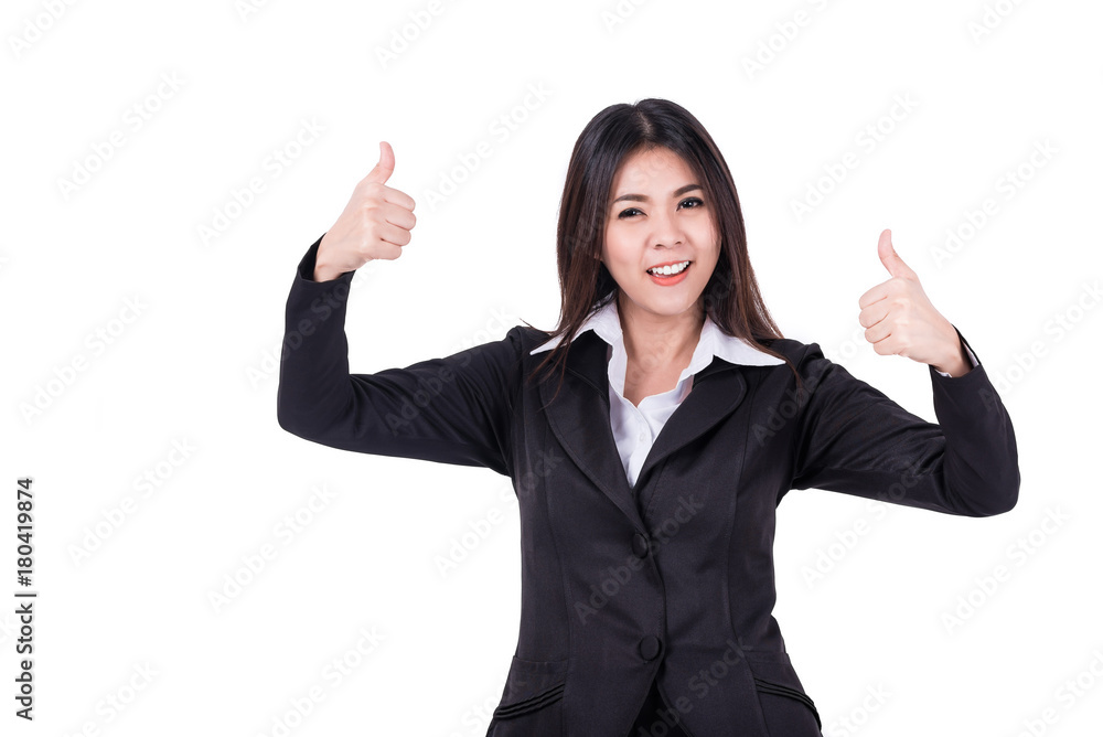 Happy success and confident Asian business woman with thumb up on white background Happy success and confident Asian business woman with thumb up on white background
