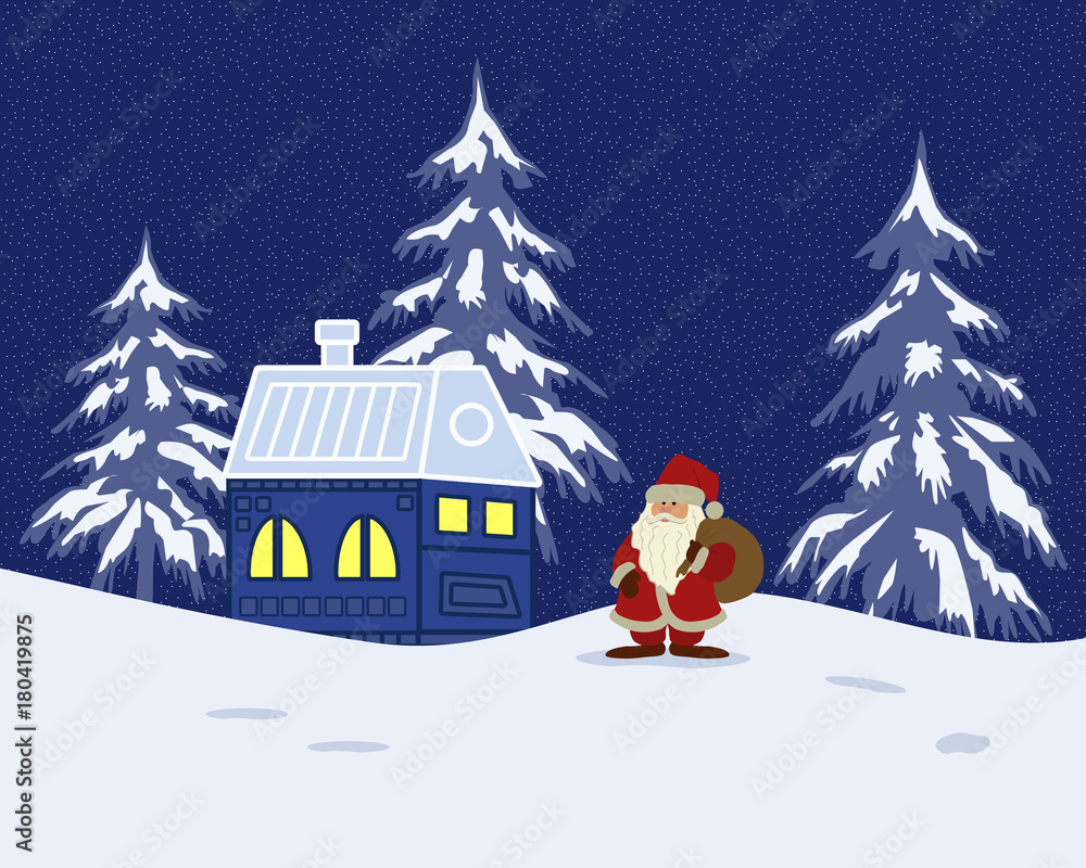 Fairy tale winter landscape with Santa Claus. There is a fantastic lodge, fir trees and Santa with a bag on a blue background in the image. It can be used as a design element in Christmas composition