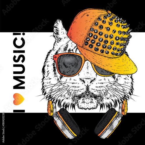 Fototapeta Naklejka Na Ścianę i Meble -  Tiger in glasses and headphones. Vector illustration. The animal is a hipster. Music, fashion and style. Print on clothes, postcard and printed products.