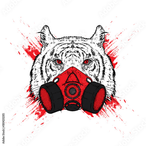 Fototapeta Naklejka Na Ścianę i Meble -  Tiger in a mask for graffiti. Respirator. Vector illustration for a postcard or a poster, print for clothes.
