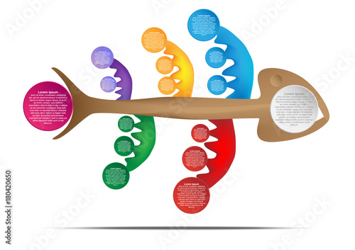 colorful fishbone diagram analysis chart. Business problem solving chart and template for team brainstorming in company. Vector EPS10