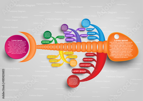 colorful fishbone diagram analysis chart. Business problem solving chart and template for team brainstorming in company. Vector EPS10