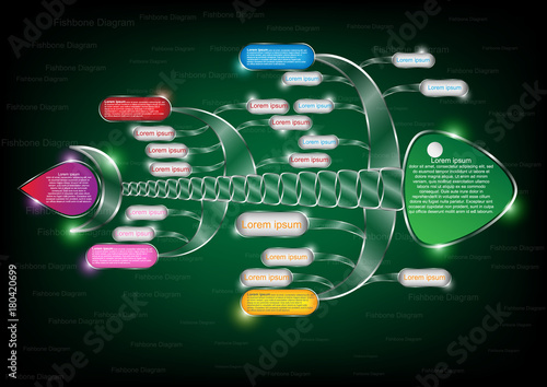 colorful fishbone diagram analysis chart. Business problem solving chart and template for team brainstorming in company. Vector EPS10