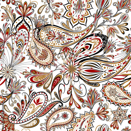 Abstract vintage pattern with decorative flowers, leaves and Paisley pattern in Oriental style.