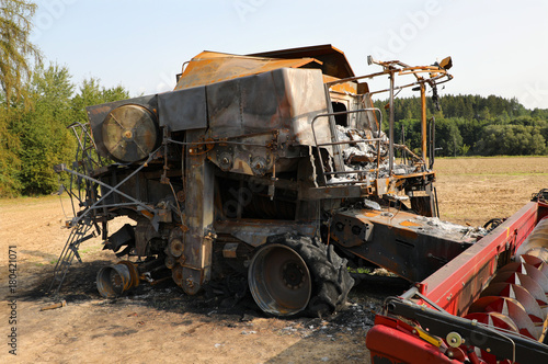 Combine harvester destroyed by fire