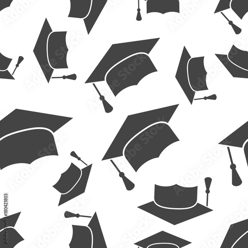 Graduation cap seamless pattern background icon. Business flat vector illustration. Finish education hat sign symbol pattern.