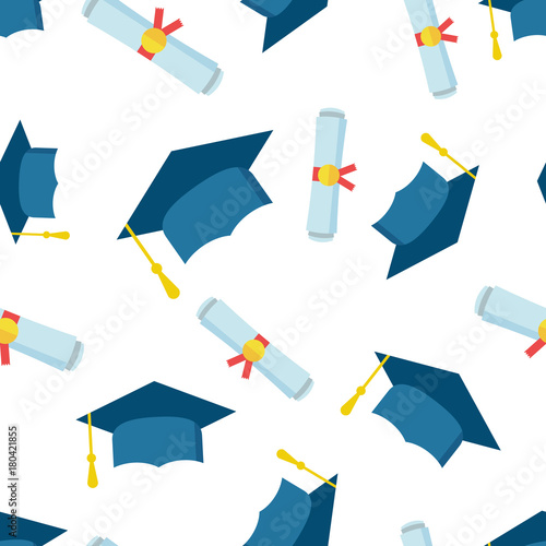 Graduation cap and diploma rolled scroll seamless pattern background icon. Business flat vector illustration. Finish education sign symbol pattern.