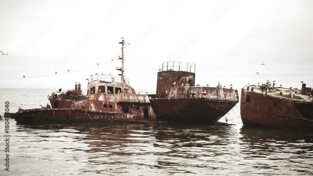 Sea ripple and old abandoned ships covered with rust, seagulls flying around. Slow motion video 240 FPS
Sea ripple and old abandoned ships covered with rust, seagulls flying around. Slow motion video 240 FPS