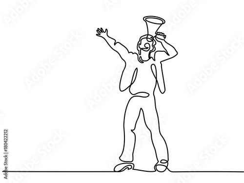 Continuous line drawing. Man screaming at the sky with megaphone . Vector illustration