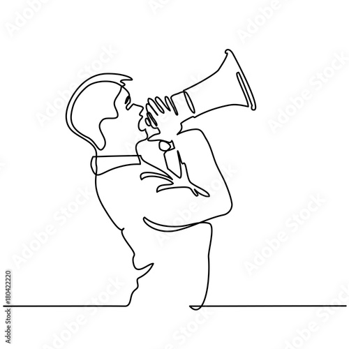 Continuous line drawing. Man screaming with megaphone . Vector illustration photo