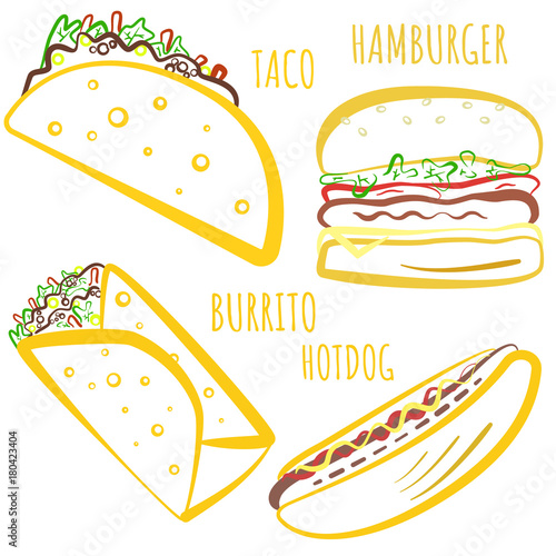 Cute fast food symbols with colored outline. Cartoon linear fastfood including hamburger, tacos, burrito, hot dog for fast food restaurant or cafe menu, advertisement, banners, stickers, logo design