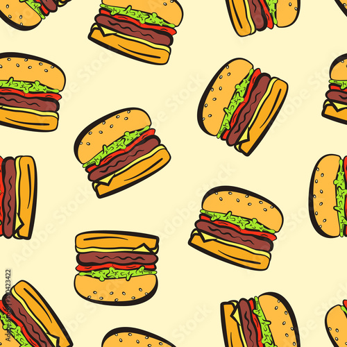 Cartoon colorful outline hamburgers seamless pattern. Flat vector burger texture for fast food restaurant or cafe menu banners, textile, wrapping paper, package, cover