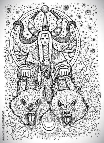 January month graphic concept. Hand drawn engraved fantasy illustration. . King of winter in mask 