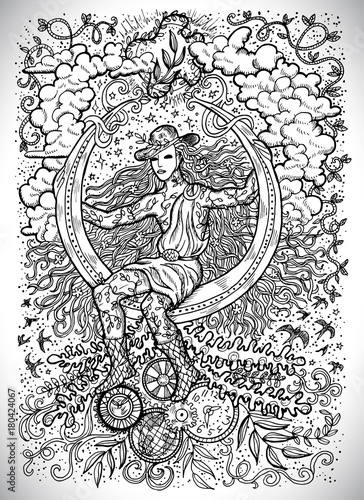 April month graphic concept. Hand drawn engraved fantasy illustration. Young magician of Spring 