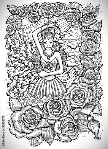 May month graphic concept. Hand drawn engraved fantasy illustration. Beautiful queen of flowers 