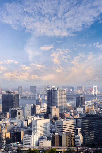 Aerial skyscraper view of office building and downtown and cityscapes of Tokyo city with blue sly and clouds background. Japan, Asia