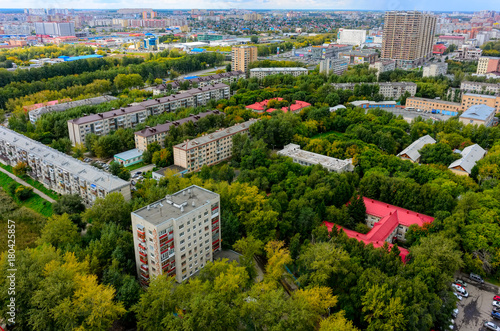 Tyumen, Russia - August 25, 2015: Aerial view on Geologorazvedchikov and Melnikayte streets quarters