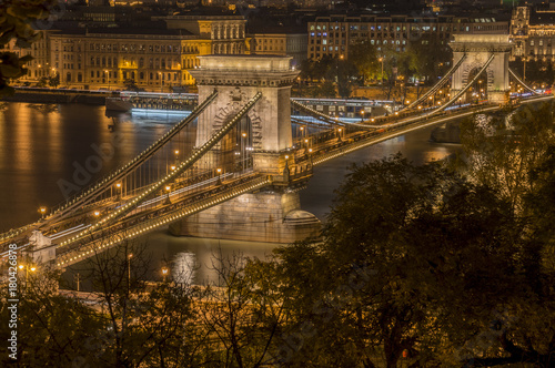 The Chain Brigde with the lights on, photographed from the garden of Buda Castle-