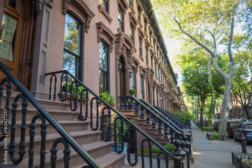 Scenic view of a classic Brooklyn brownstone block with a long facade and ornate stoop balustrades on a summer day in New York City