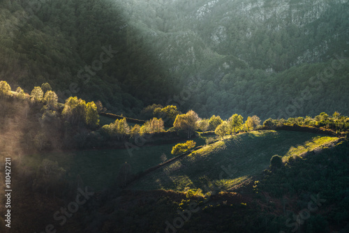Luces de otoño bañan los bosques y montañas photo