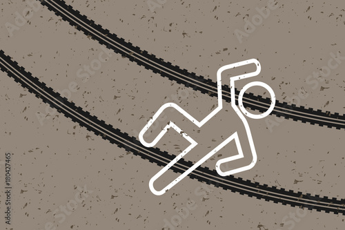 Crime scene - victim and tracks made by tires - pedestrian was hit and killed by running car and car. Death on the road and street because of accident, crash or terrorist attack. Vector illustration