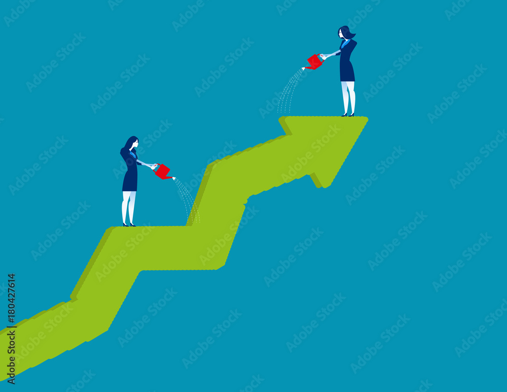 Business people watering and growth shaped graph. Concept business vector illustration.