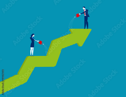 Business people watering and growth shaped graph. Concept business vector illustration.