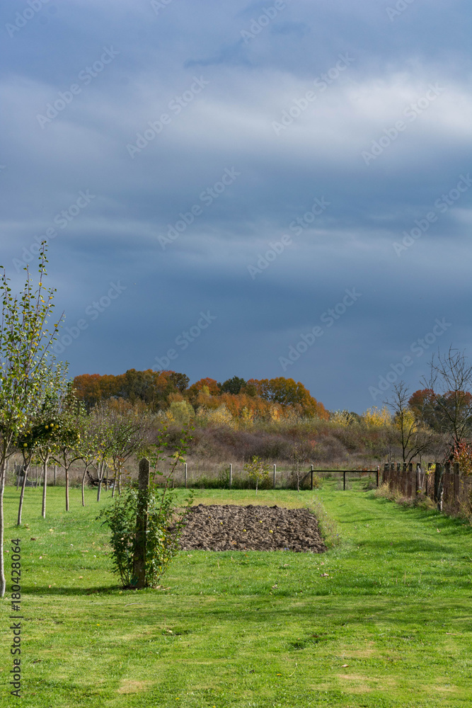 Φωτογραφία View of a farm garden with orchards in autumn on a cloudy stormy day, Slavonia r