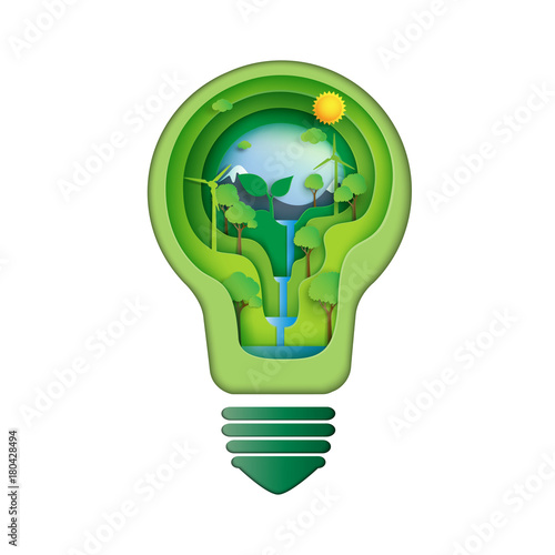 Save energy creative idea concept.Paper carve of light bulb with nature and environment conservation paper art style.Vector illustration.