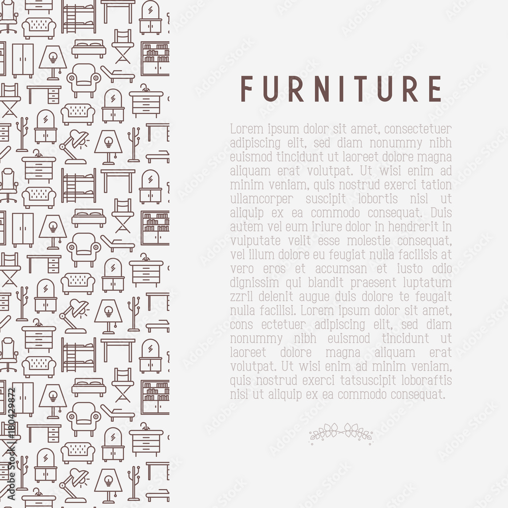 Obraz premium Furniture concept with thin line icons of coach, bookcase, bed, dresser, chair, lamp, floor hanger. Modern vector illustration for banner, web page, print media.