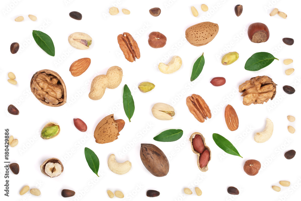 mix of different nuts with leaves isolated on white background, Flat lay pattern, Top view mix of different nuts with leaves isolated on white background, Flat lay pattern, Top view