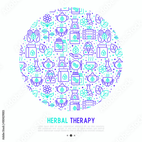 Herbal therapy concept in circle with thin line icons: herbalist, decoction, aromatic oil, oil burner, tea. Vector illustration for banner, web page, print media.