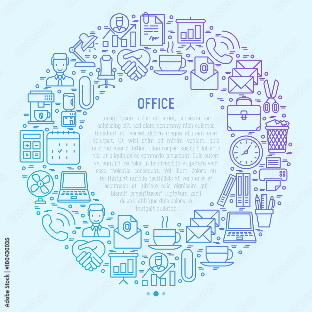 Office concept in circle with thin line icons of manager, coffee machine, chair, career growth, e-mail, folders, watercooler, lamp. Vector illustration for banner, web page, print media. Office concept in circle with thin line icons of manager, coffee machine, chair, career growth, e-mail, folders, watercooler, lamp. Vector illustration for banner, web page, print media.