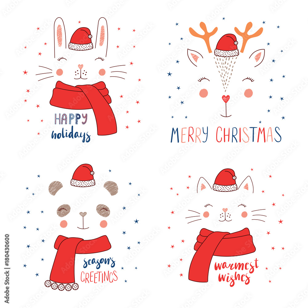 Set of hand drawn cute funny animal faces in Santa Claus hats, mufflers,  with winter holidays, Christmas quotes. Isolated objects on white  background. Vector illustration. Design concept for kids. Stock Vector |