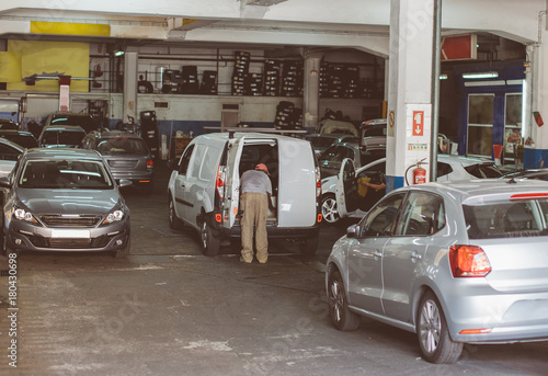 Car repair shop for tire replacement.