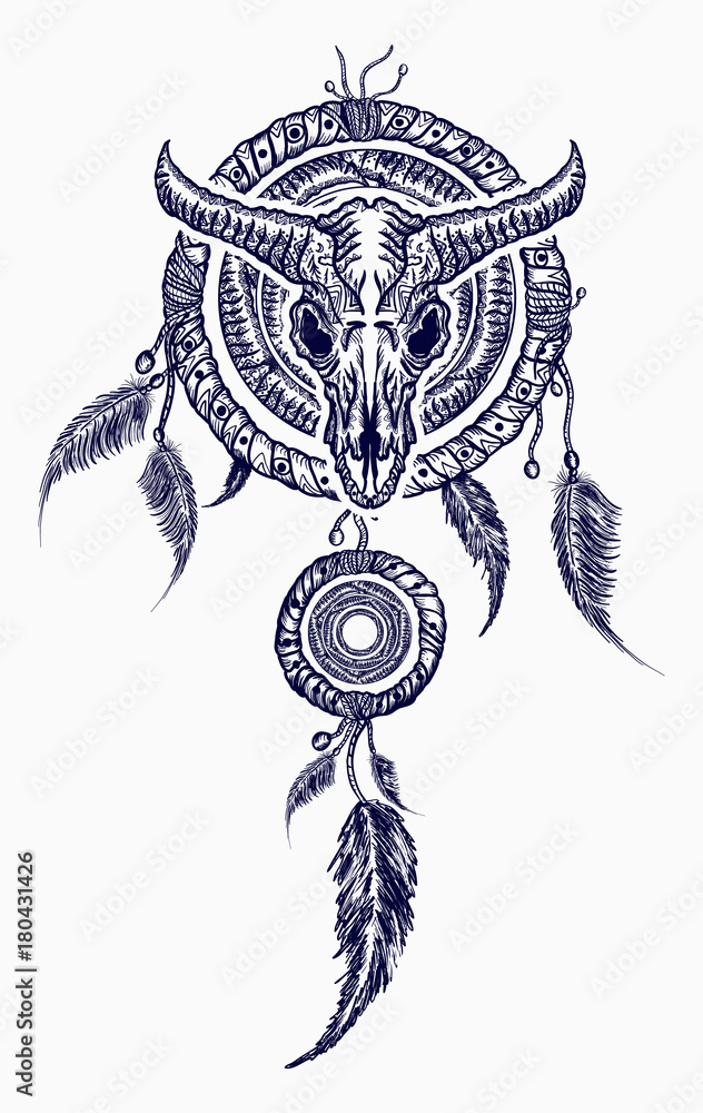 Bison skull and indian dream catcher tattoo. Tribal art. Native american  culture. Wild west western symbols. Bull skull tribal style tattoo and  t-shirt design Stock Vector | Adobe Stock