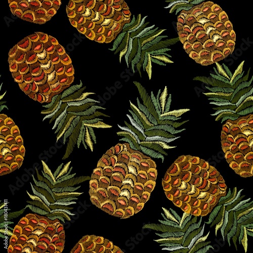 Embroidery pineapple seamless pattern. Classic embroidery tropical pineapple pattern. Summer template for clothes, textiles, t-shirt design