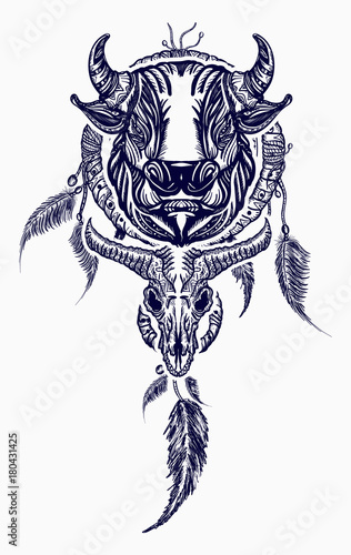 Tribal bull and dreamcatcher tattoo art. Indian dream catcher with ethnic ornaments and ethnic bull head tattoo. Boho native american style t-shirt design