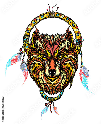 Indian dream catcher with ethnic ornaments and ethnic tribal head wolf. Boho native american style t-shirt design. Tribal wolf and dreamcatcher vector