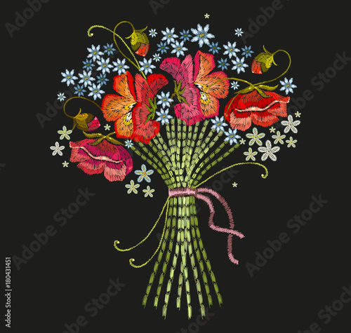 Embroidery bouquet of flowers. Classical embroidery beautiful summer flowers. Template for clothes, textiles, t-shirt design