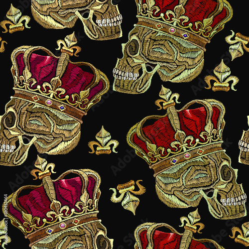 Embroidery golden crown and human skull seamless pattern. Fashion template for clothes, textiles, t-shirt design. Embroidery medieaval  dead king with crown gothic seamless pattern