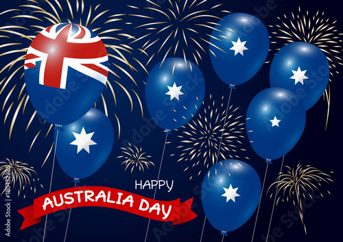 Australia day design of flag and balloon with fireworks on blue background vector illustration