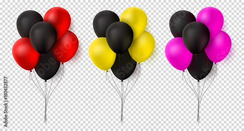 Set of Black and Color Balloons. Bunches of Realistic Balloons Isolated on Transparent Background. Vector illustration.