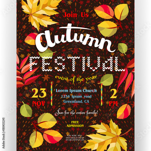 Autumn festival poster template with fall leaves and fireworks background.