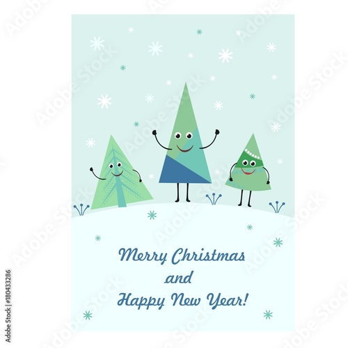 Greeting card with cute funny Christmas trees. Merry Christmas and happy new year.