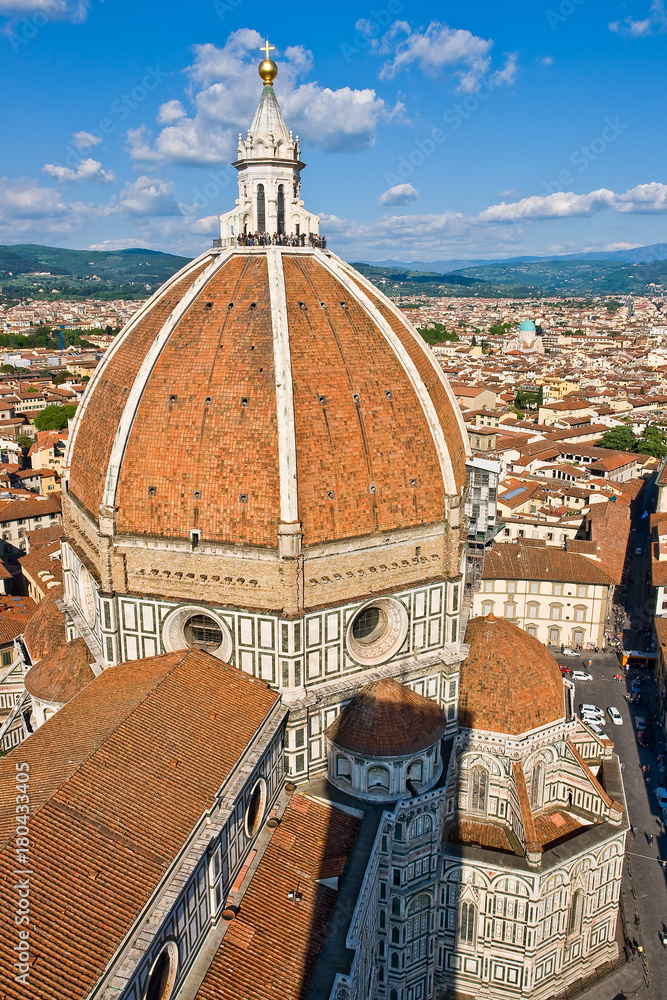 Fototapeta premium Duomo Basilica di Santa Maria del Fiore - Florence, Tuscany, Italy. Aerial closeup taken from the top of Campanile.